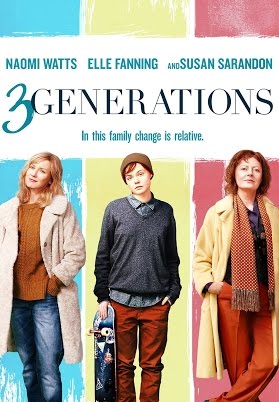 Cartaz do filme 3 generations dividido em 3 partes. Na primeira está a mãe, na do meio o filho transgênero e na última a avó.