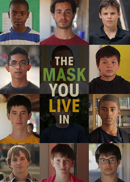 O cartaz do filme apresenta 12 fotos de meninos com idades variando entre cerca de 7 e 15 anos. Cada um deles em um pequeno quadrado. No centro está o título do filme The mask you live in.